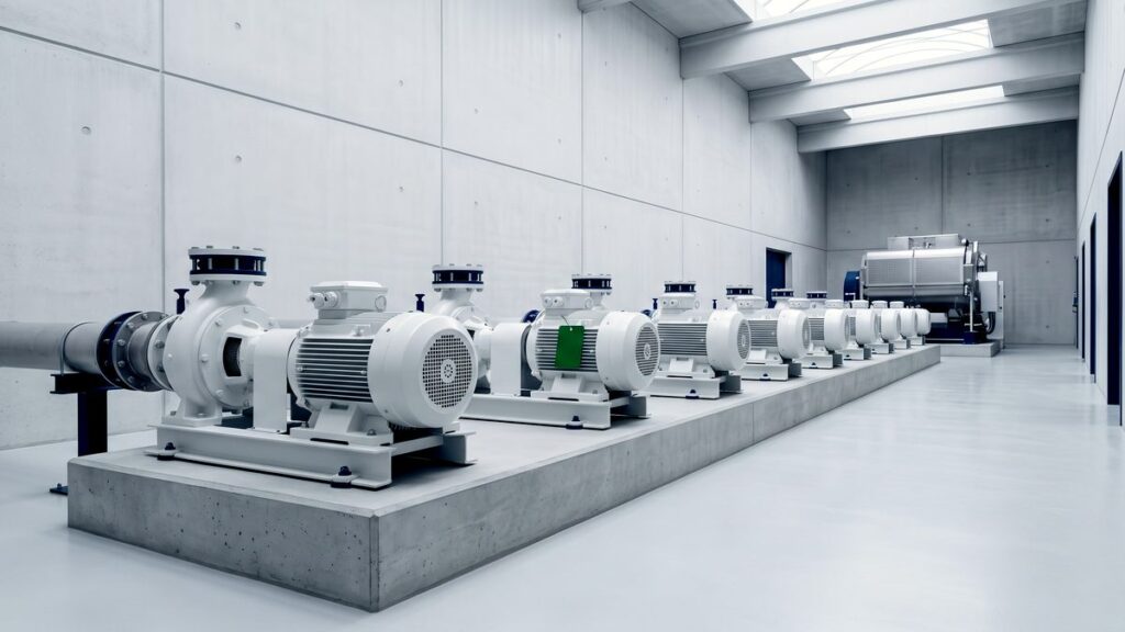 Hilera de bombas industriales idénticas junto a una máquina distinta