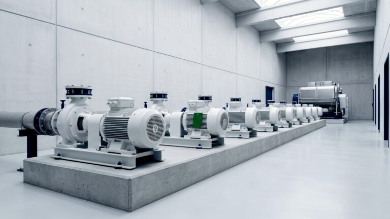 Hilera de bombas industriales idénticas junto a una máquina distinta