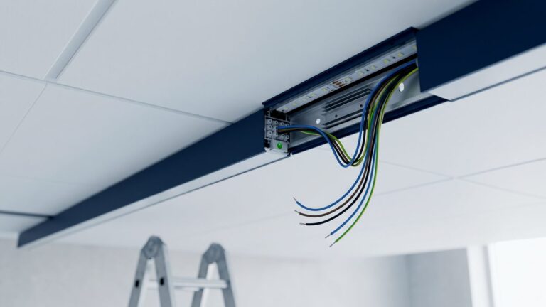 Luminaria LED lineal a medio instalar con el cable sin conectar