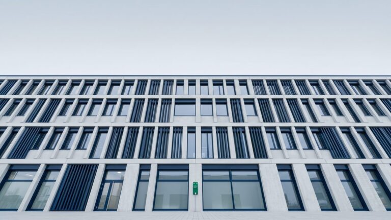 Fachada de un edificio público moderno con ritmo regular de ventanas
