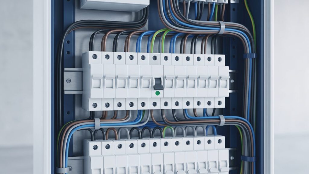 Cuadro eléctrico con filas de magnetotérmicos y uno desconectado