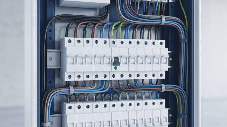 Cuadro eléctrico con filas de magnetotérmicos y uno desconectado