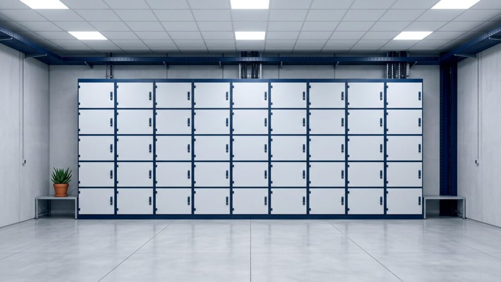 Pared de armarios técnicos idénticos alineados en una sala limpia