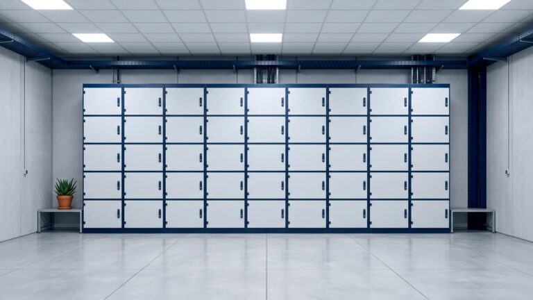 Pared de armarios técnicos idénticos alineados en una sala limpia
