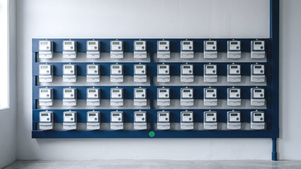 Batería de contadores eléctricos alineados en un cuarto técnico