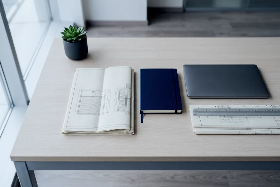 Mesa de trabajo con planos técnicos y escalímetro, vista cenital